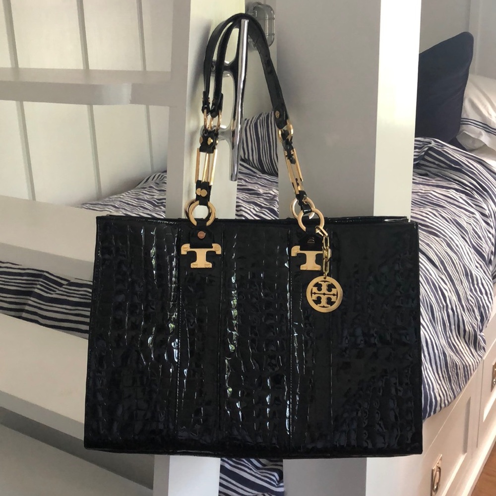 Tory Burch Jordana black patent embossed croc tote